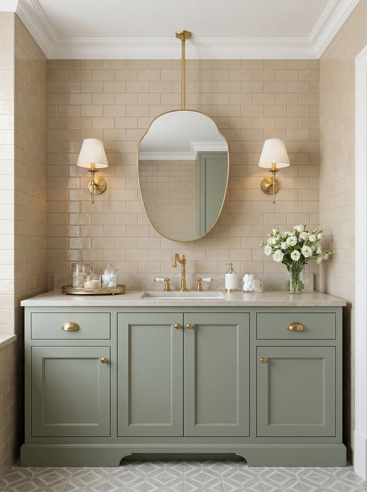 Organic brass hanging mirror over a sage green vanity with brass fixtures.