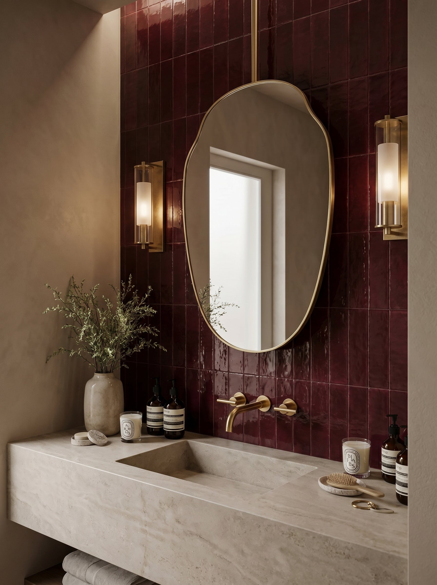 Luxury bathroom featuring a suspended organic brass mirror above a stone vanity with rich burgundy tiled walls.