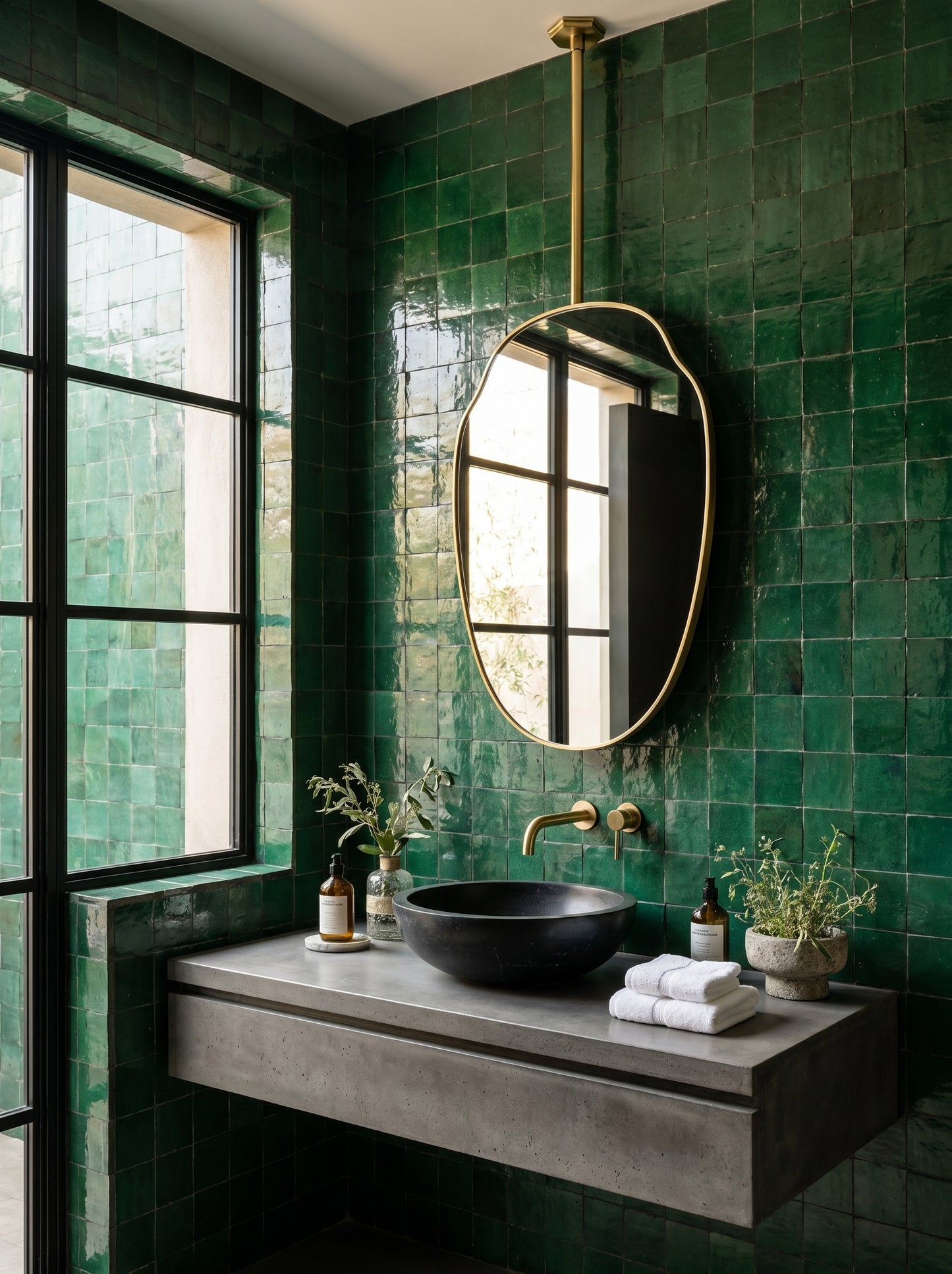 Ceiling-mounted organic brass mirror above a floating concrete vanity in a modern green tiled bathroom.