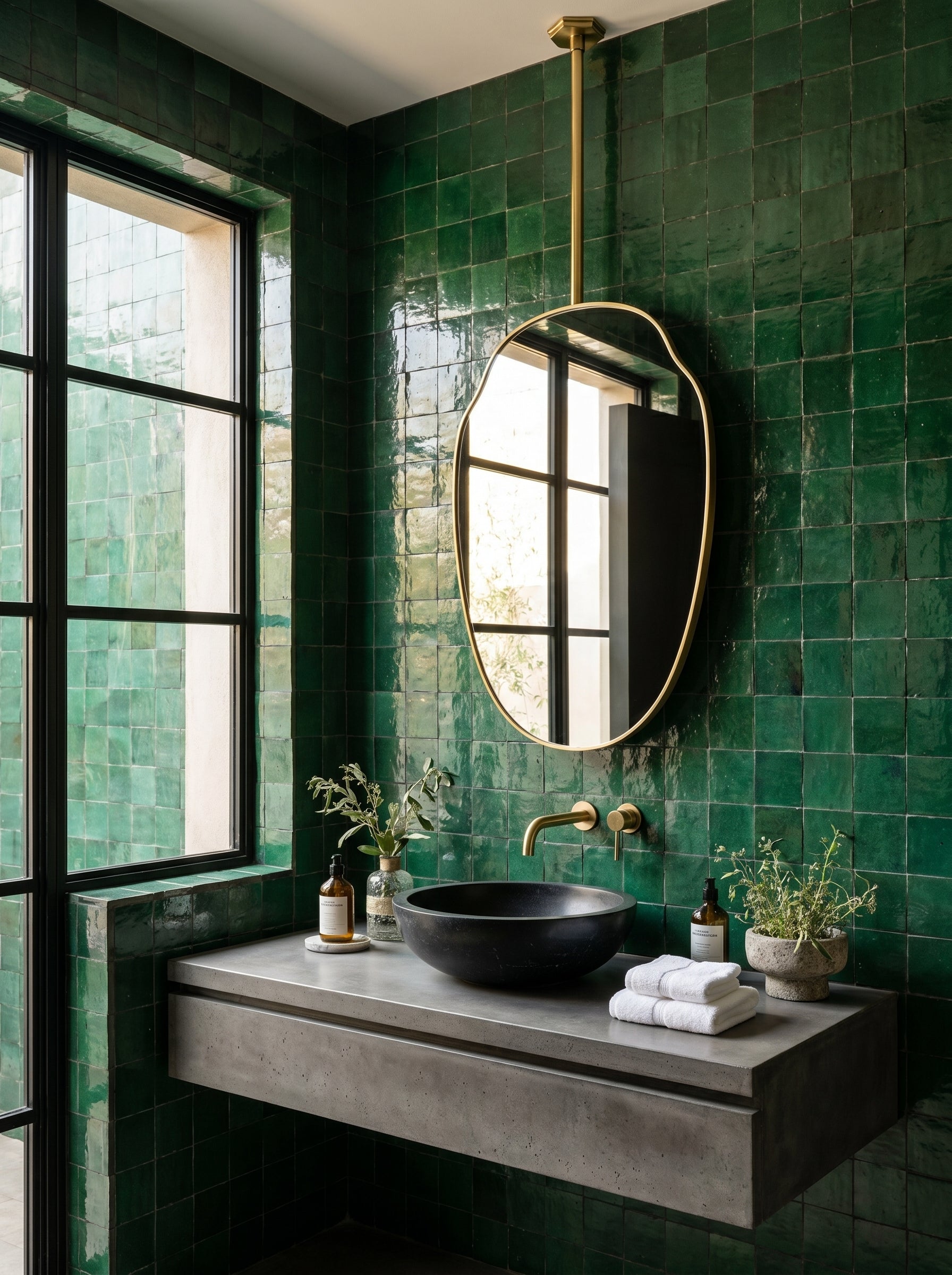 Ceiling-mounted organic brass mirror above a floating concrete vanity in a modern green tiled bathroom.