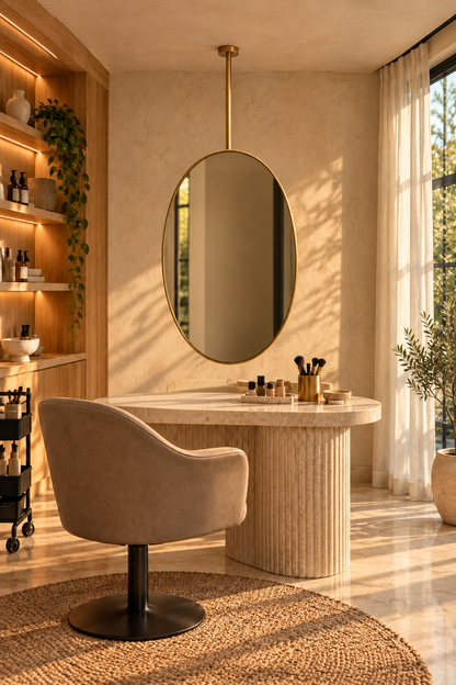 A modern vanity desk setup in a warm, sunlit room, featuring a fluted beige stone desk, a matching upholstered swivel chair, a large oval wall mirror with a gold frame, and a woven round rug.