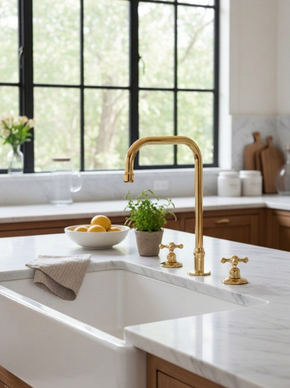 Unlacquered brass three-hole kitchen faucet with cross handles installed on a white farmhouse sink with marble countertop.