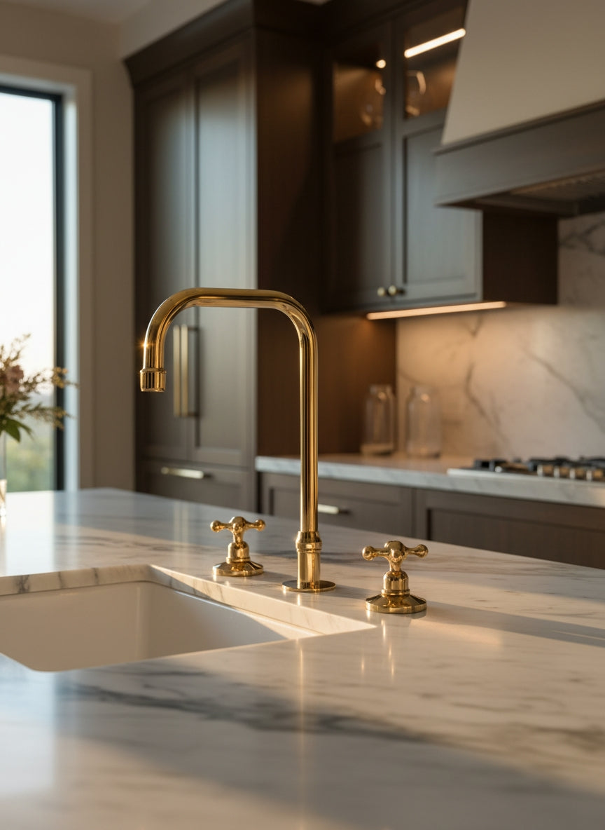 Unlacquered brass three-hole kitchen faucet with cross handles in a luxury kitchen with warm ambient lighting.