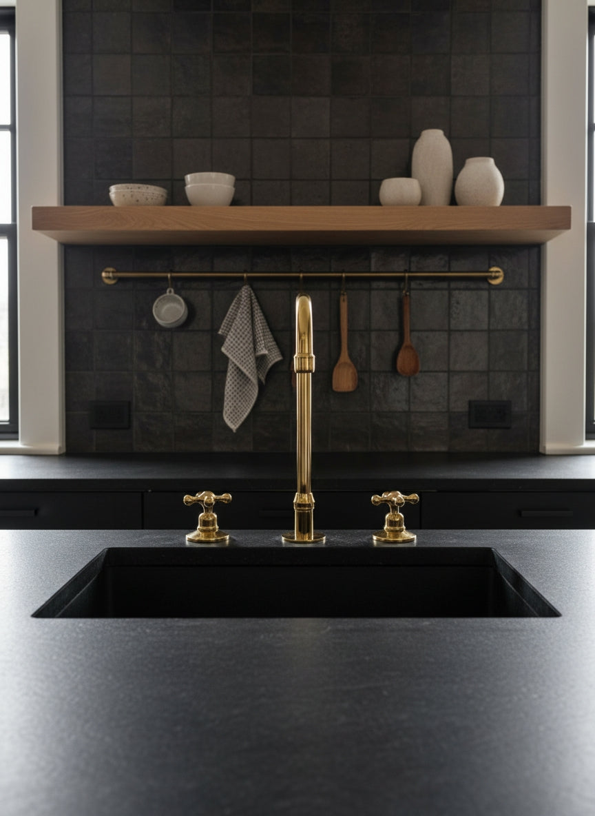 Unlacquered brass three-hole kitchen faucet with cross handles installed on a black stone countertop with dark tile backsplash.