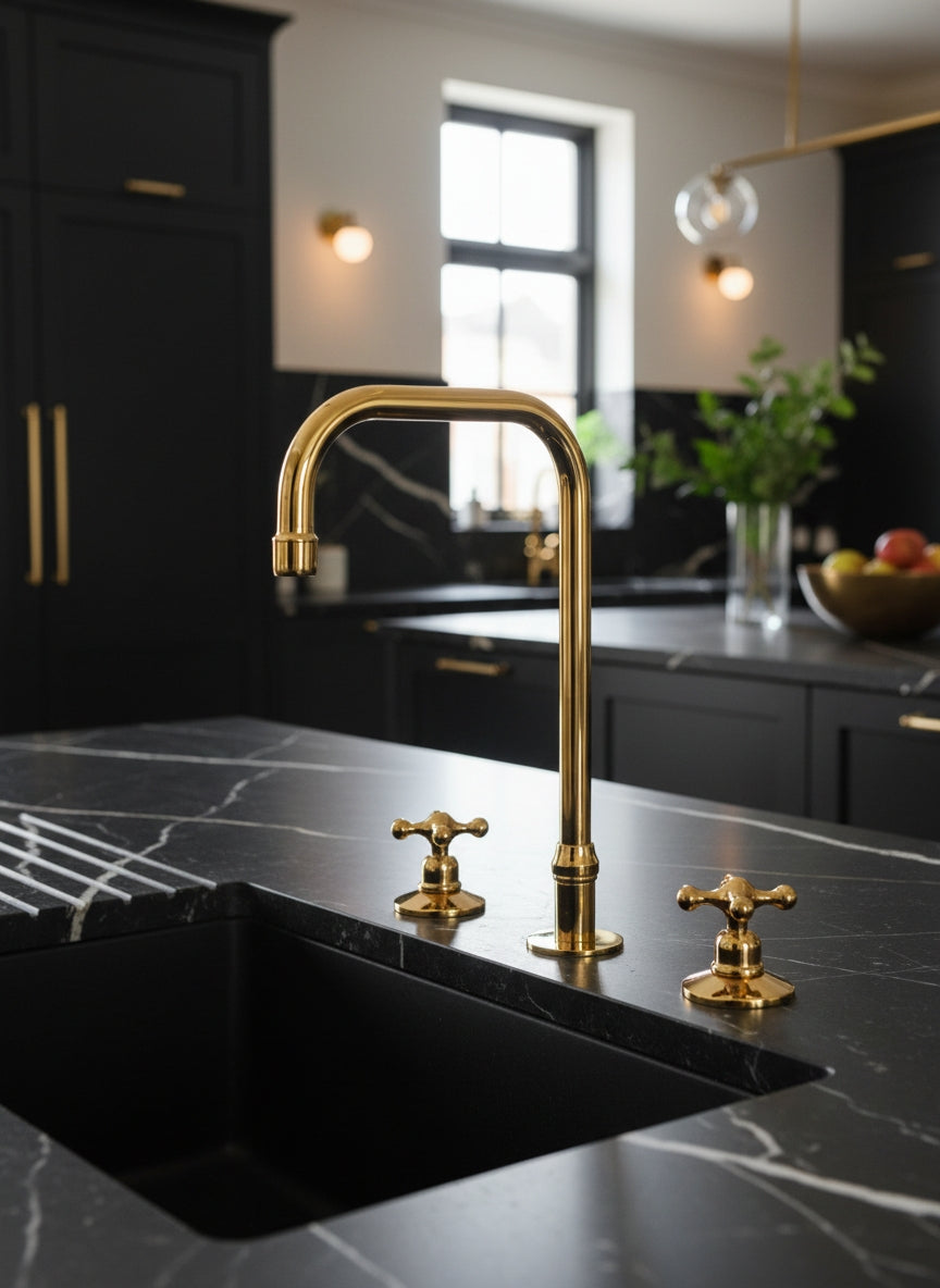 Unlacquered brass three-hole kitchen faucet with cross handles installed on a black marble kitchen island.