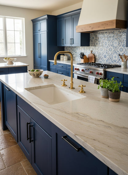 Unlacquered brass three-hole kitchen faucet with cross handles in a blue shaker kitchen with quartz countertop and decorative tile backsplash.