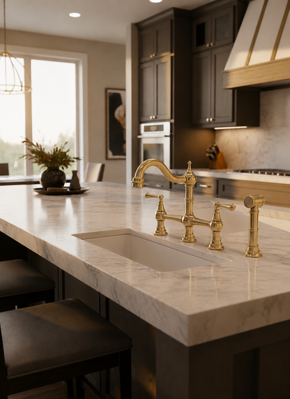 Traditional bridge kitchen faucet in unlacquered brass with side sprayer on a modern marble countertop.