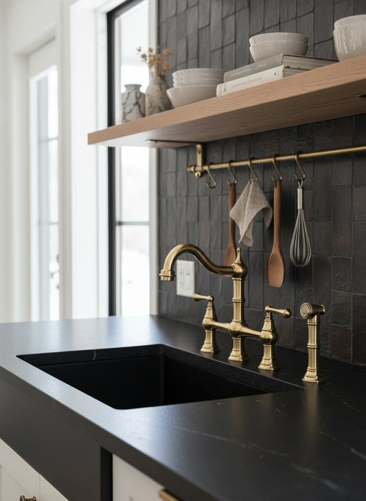 Vintage-style solid brass bridge kitchen faucet with side sprayer installed on a black stone countertop.