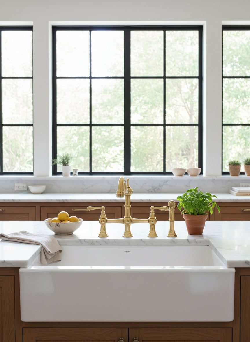 Luxury unlacquered brass bridge faucet with side sprayer above a white farmhouse sink in a contemporary kitchen.