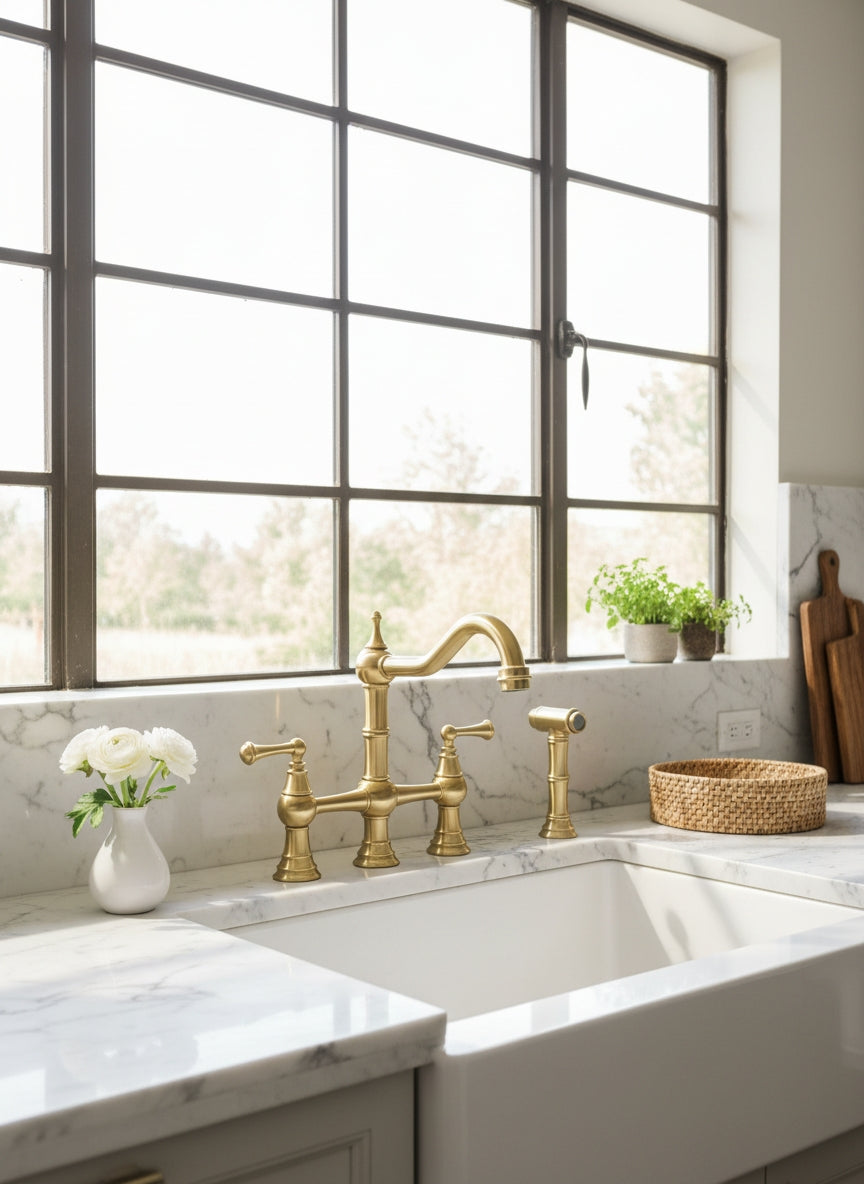 Traditional solid brass bridge kitchen faucet with matching side sprayer installed beneath large black-framed windows.