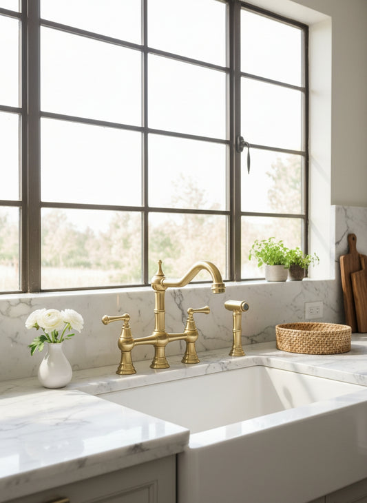 Traditional solid brass bridge kitchen faucet with matching side sprayer installed beneath large black-framed windows.