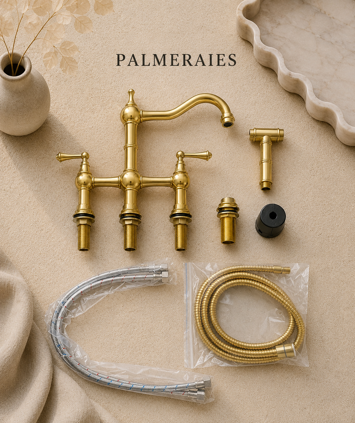 Package contents of a solid unlacquered brass bridge kitchen faucet with side sprayer, hoses, and installation hardware.