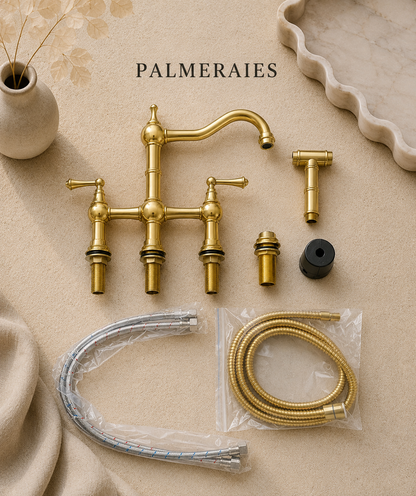 Package contents of a solid unlacquered brass bridge kitchen faucet with side sprayer, hoses, and installation hardware.
