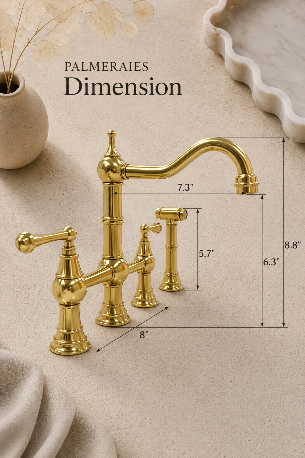Dimension diagram of a traditional unlacquered brass bridge kitchen faucet with side sprayer showing product measurements.