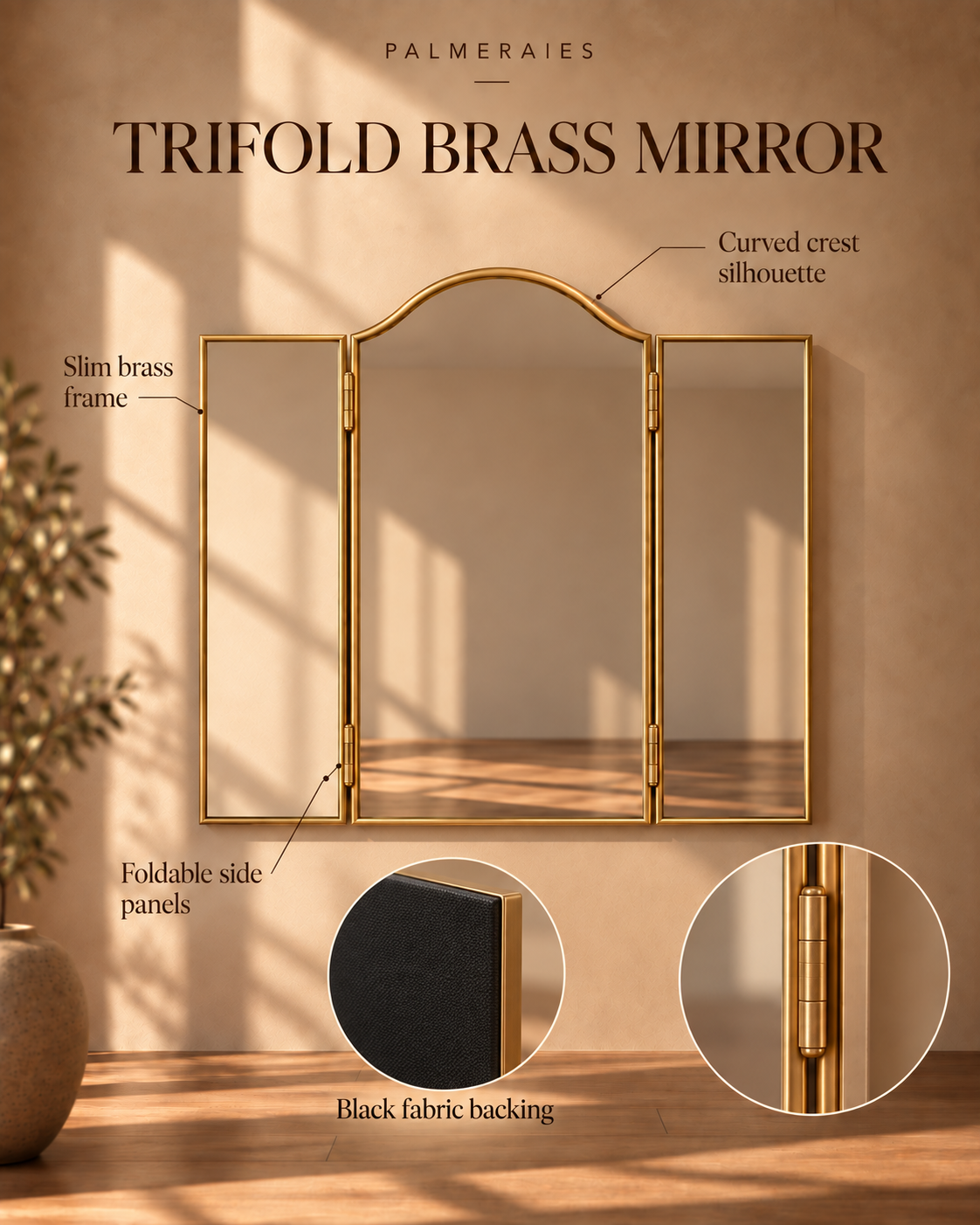 A three-panel trifold brass mirror with a slim gold-toned frame, shown against a warm beige wall with architectural shadows. The image includes labeled callouts and circular detail insets describing the slim brass frame, curved crest silhouette, foldable side panels, black fabric backing, and hinge detail.