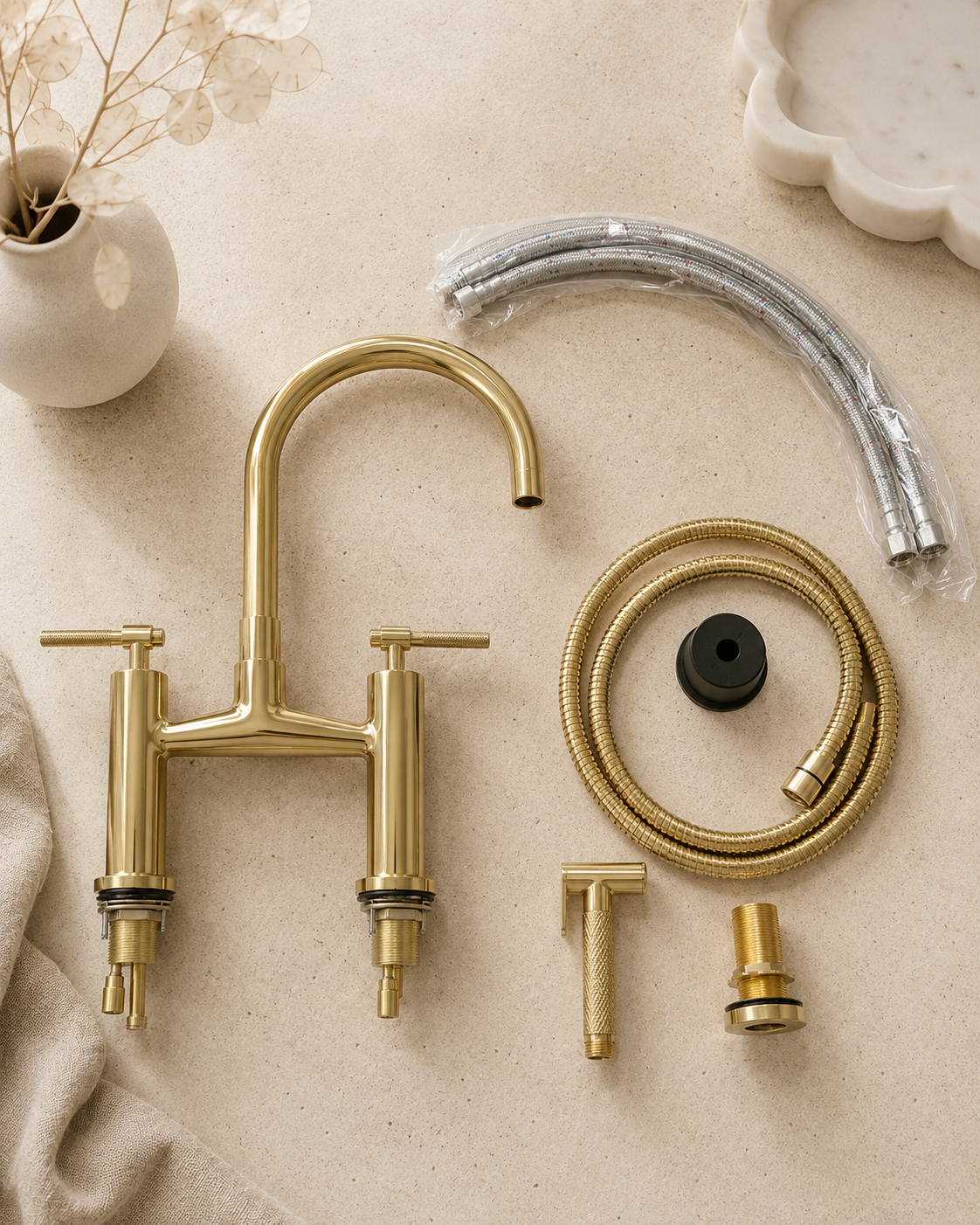 Gold brass kitchen faucet set with two lever handles, a flexible brass hose, chrome spray arm, and mounting hardware, arranged on a beige textured surface with decorative props.
