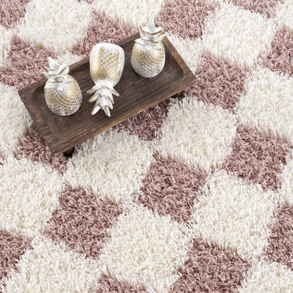 Pink Checkered Shag Rug - Cozy Stylish Room Accent