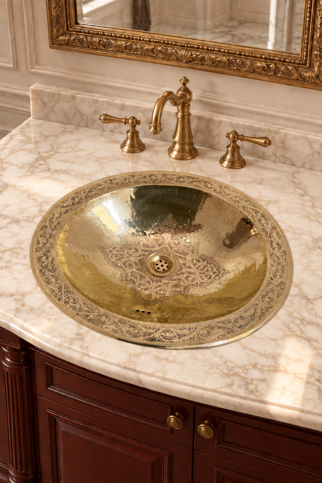 Oval engraved brass sink in a cream marble countertop with a brass faucet, dark wood vanity, and ornate gold-framed mirror.