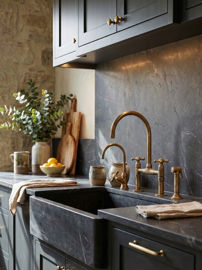 Unlacquered brass bridge kitchen faucet with matching cold faucet and side sprayer installed on a dark stone countertop with a black farmhouse sink.