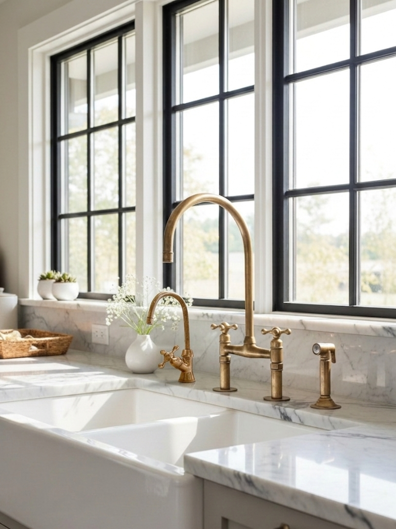 Vintage unlacquered brass bridge kitchen faucet with matching cold faucet and side sprayer installed on a white marble countertop with a farmhouse sink.