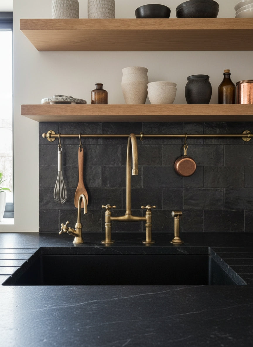 Unlacquered brass bridge kitchen faucet set with separate cold faucet and side sprayer installed on a black countertop beneath open wood shelving.