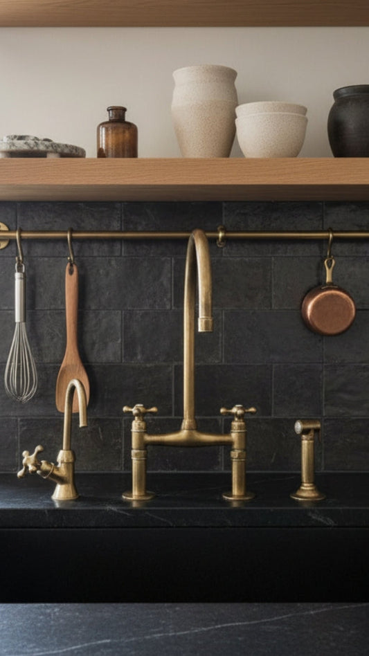 Unlacquered brass bridge kitchen faucet set with separate cold faucet and side sprayer installed on a black countertop beneath open wood shelving.