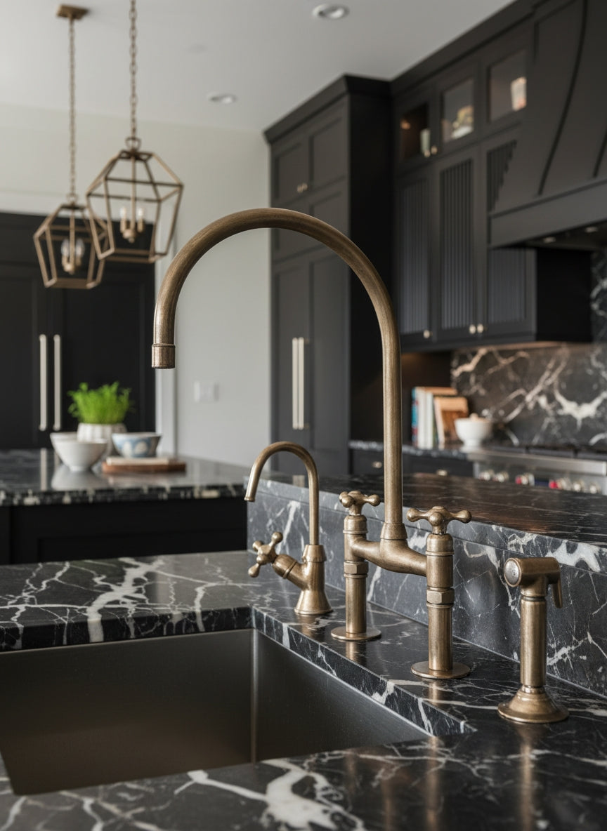 Unlacquered brass bridge kitchen faucet with matching cold faucet and side sprayer installed on a black marble countertop in a modern luxury kitchen.
