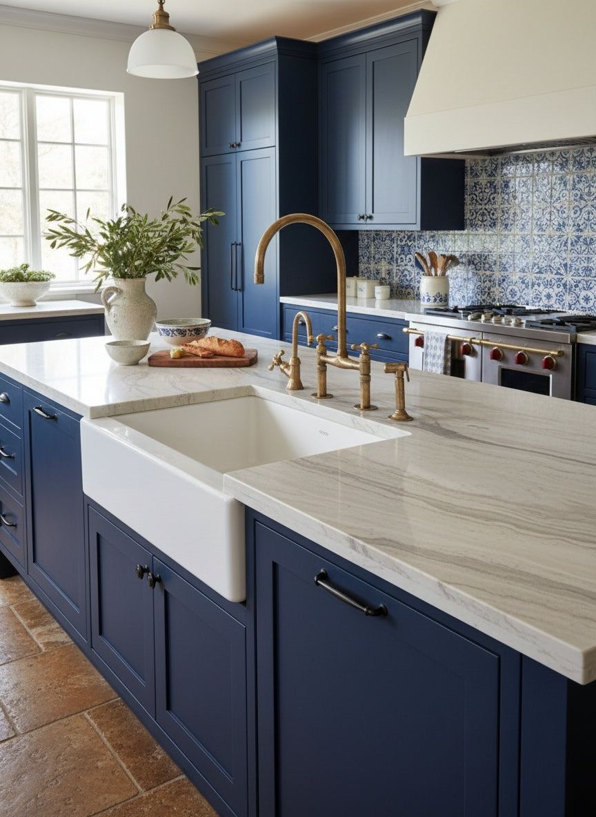 Vintage unlacquered brass bridge kitchen faucet with matching cold faucet and side sprayer installed on a white marble island with blue cabinetry.