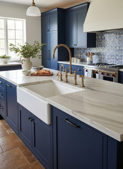 Vintage unlacquered brass bridge kitchen faucet with matching cold faucet and side sprayer installed on a white marble island with blue cabinetry.