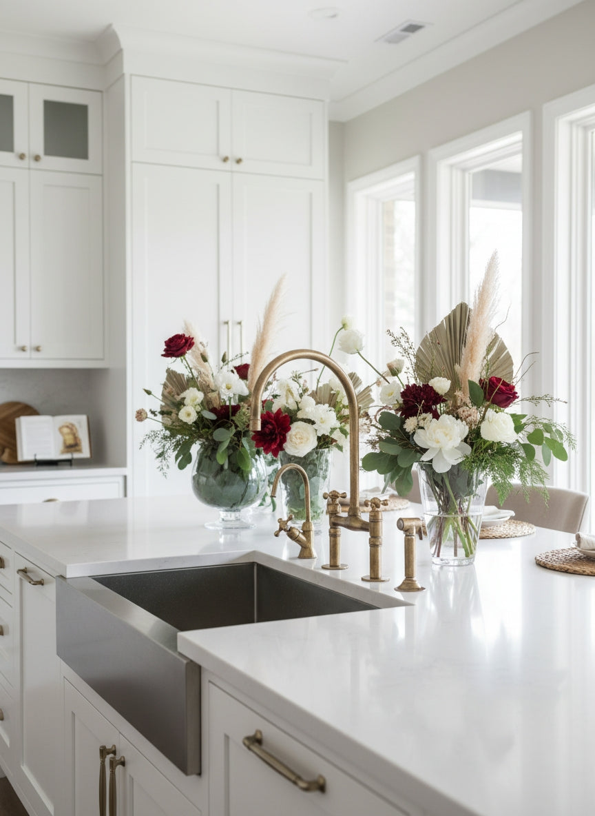 Unlacquered brass bridge kitchen faucet set with matching cold faucet and side sprayer installed on a white quartz countertop with a stainless steel farmhouse sink.