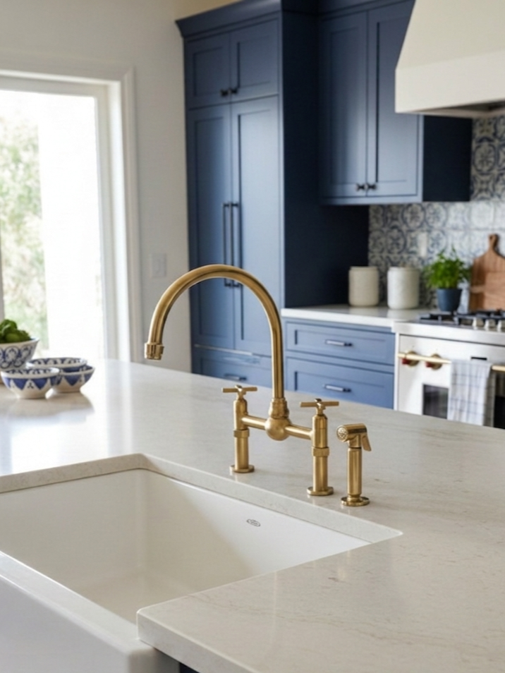 Unlacquered brass dual-handle bridge kitchen faucet with side sprayer installed on a white quartz countertop in a blue farmhouse kitchen.