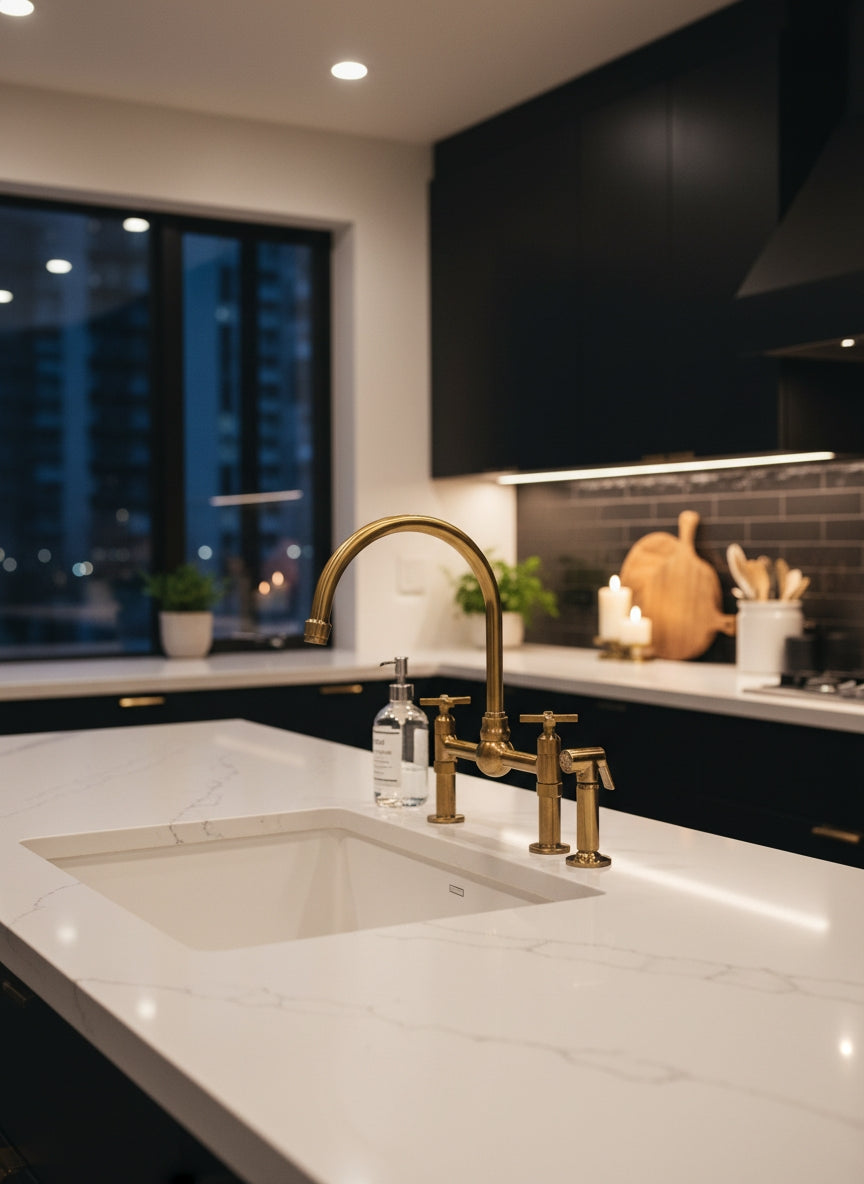 Unlacquered brass dual-handle bridge kitchen faucet with side sprayer installed on a white quartz island in a modern black kitchen at night.