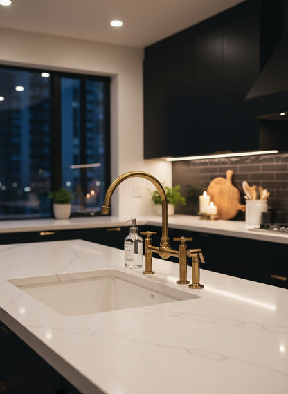 Unlacquered brass dual-handle bridge kitchen faucet with side sprayer installed on a white quartz island in a modern black kitchen at night.