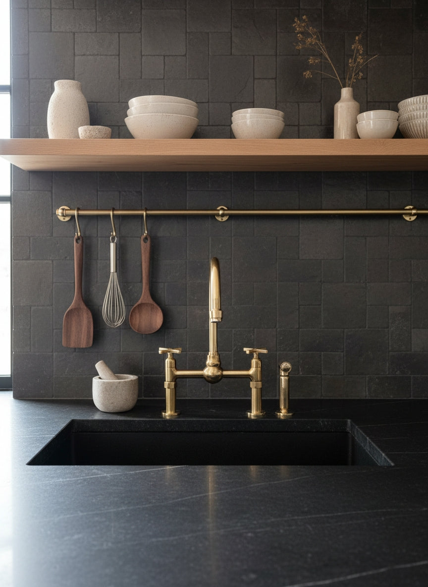 Unlacquered brass dual-handle bridge kitchen faucet with side sprayer installed on a black stone countertop beneath open wood shelving.