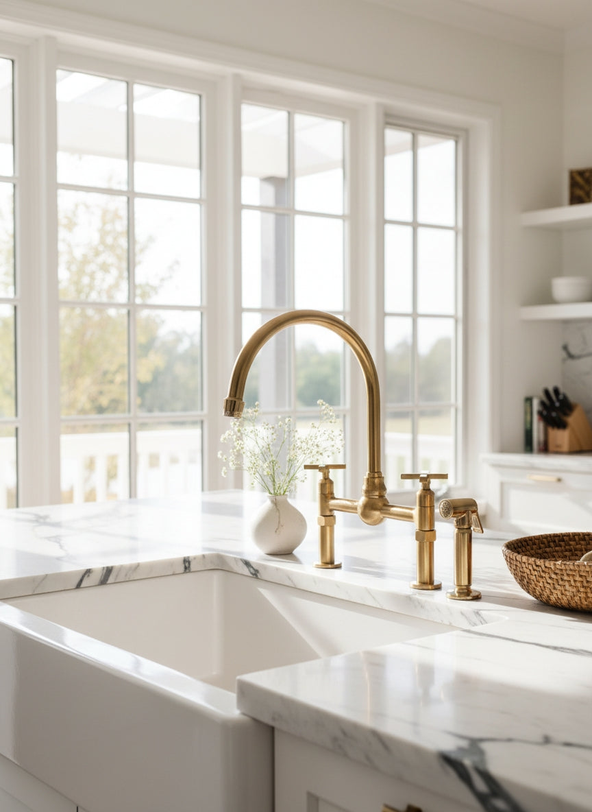 Unlacquered brass dual-handle bridge kitchen faucet with side sprayer installed on a white marble countertop beneath large windows.