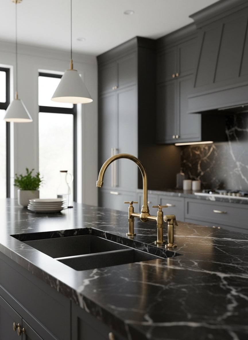 Unlacquered brass dual-handle bridge kitchen faucet with side sprayer installed on a black marble countertop in a contemporary luxury kitchen.