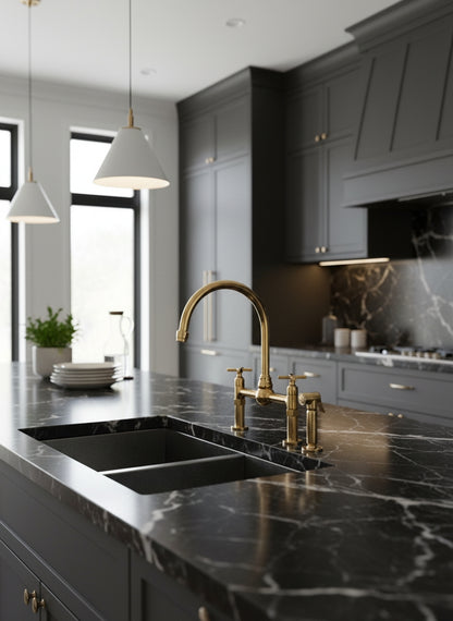 Unlacquered brass dual-handle bridge kitchen faucet with side sprayer installed on a black marble countertop in a contemporary luxury kitchen.
