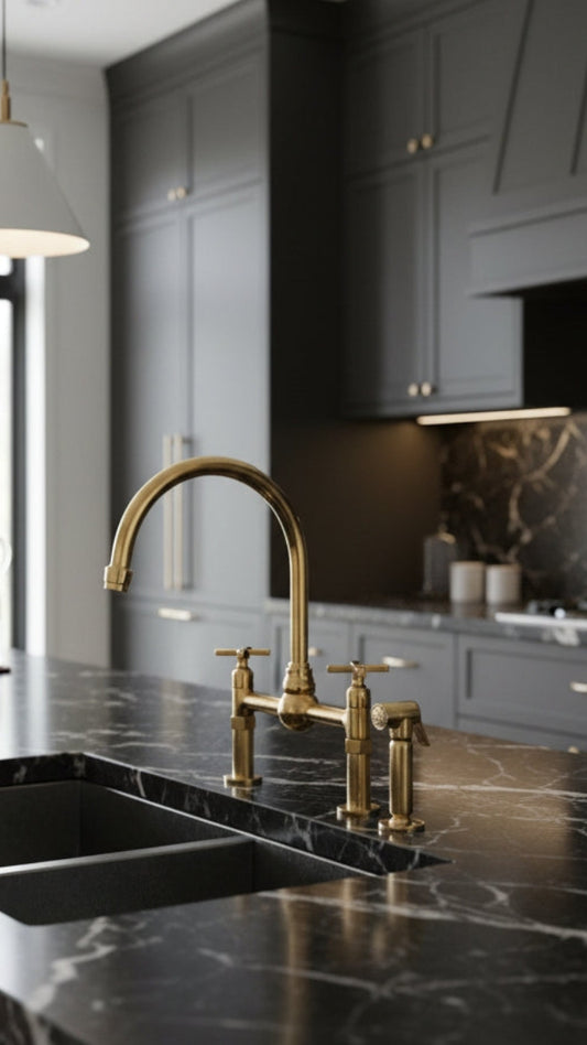 Unlacquered brass dual-handle bridge kitchen faucet with side sprayer installed on a black marble countertop in a contemporary luxury kitchen.