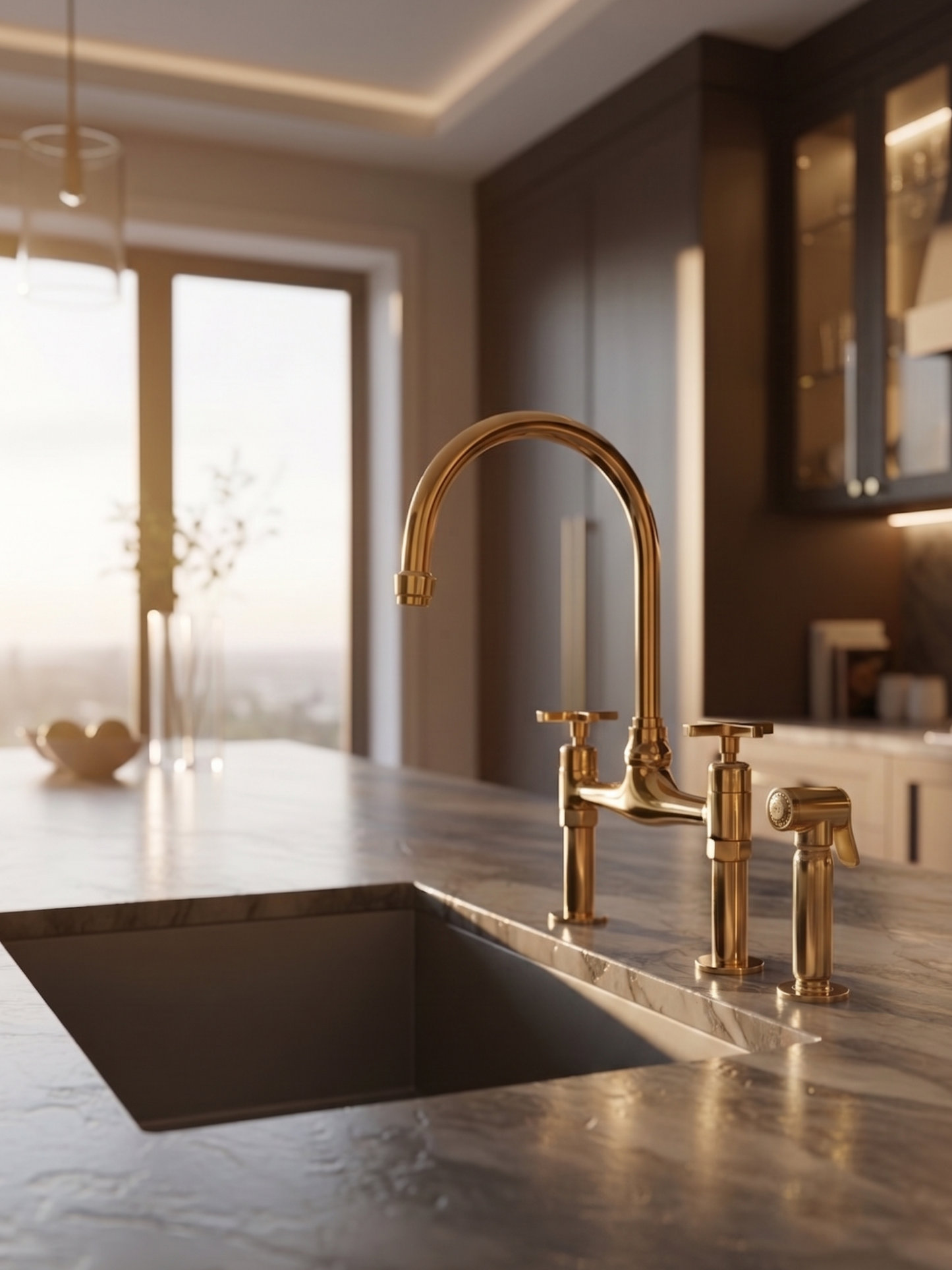 Unlacquered brass bridge kitchen faucet with side sprayer on a gray marble island in a luxury modern kitchen.