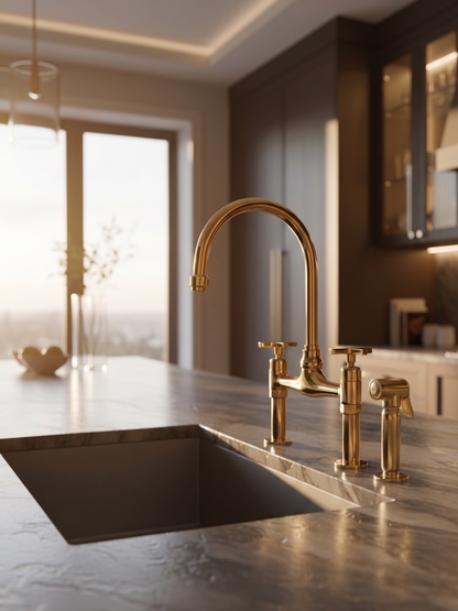 Unlacquered brass bridge kitchen faucet with side sprayer on a gray marble island in a luxury modern kitchen.