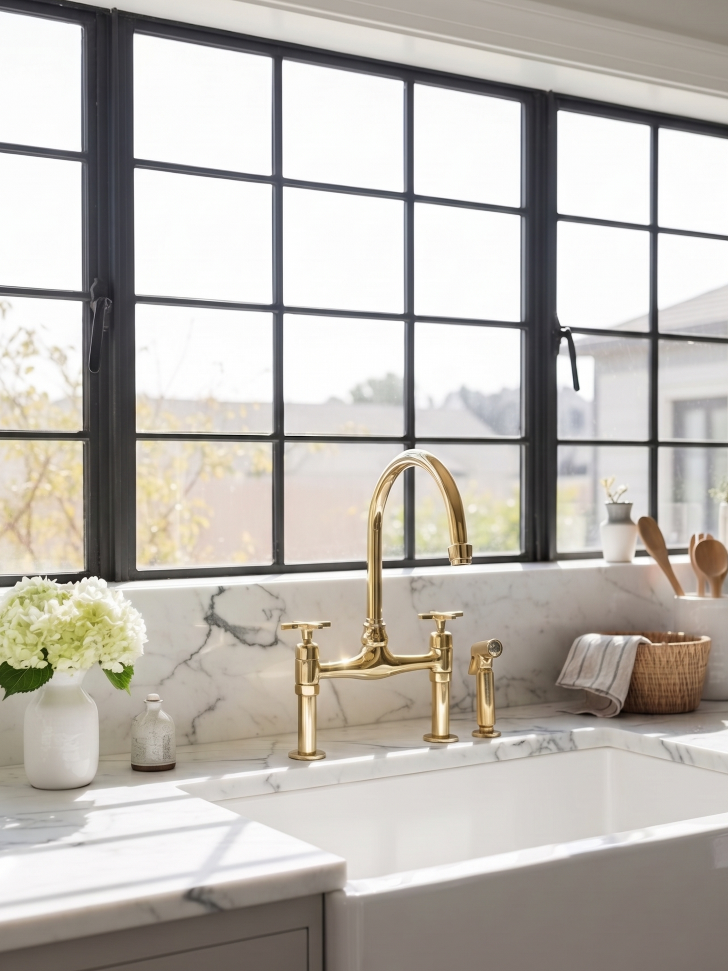 Unlacquered brass bridge kitchen faucet with side sprayer on a white marble farmhouse sink beneath black grid windows.