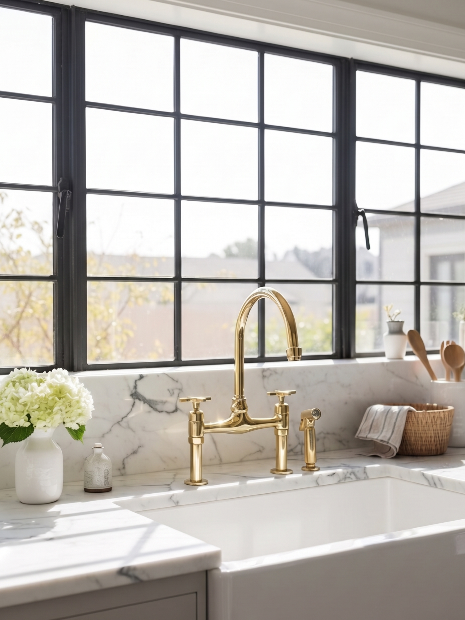Unlacquered brass bridge kitchen faucet with side sprayer on a white marble farmhouse sink beneath black grid windows.