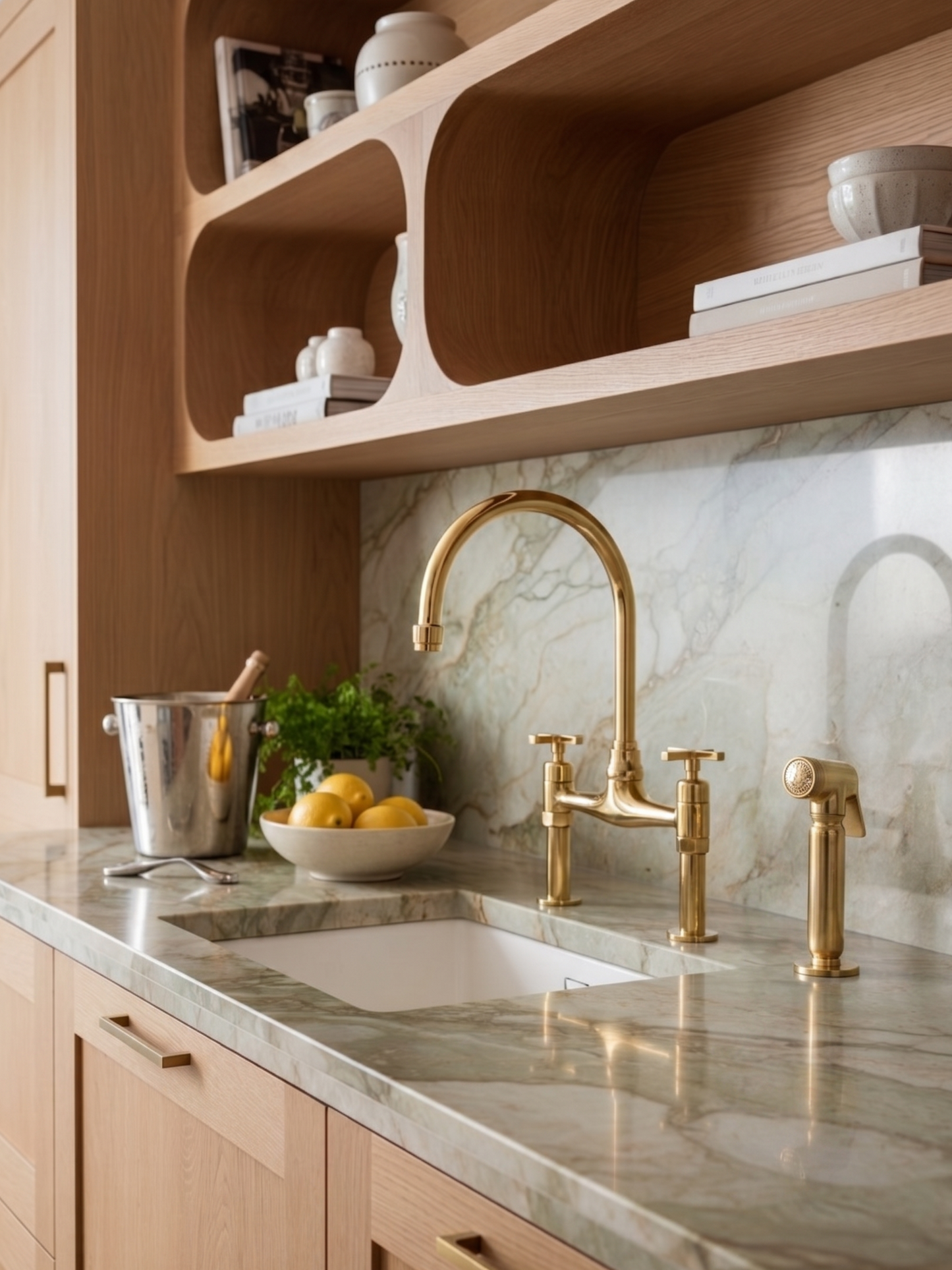 Unlacquered brass bridge kitchen faucet with side sprayer on a green marble countertop with natural oak cabinetry.