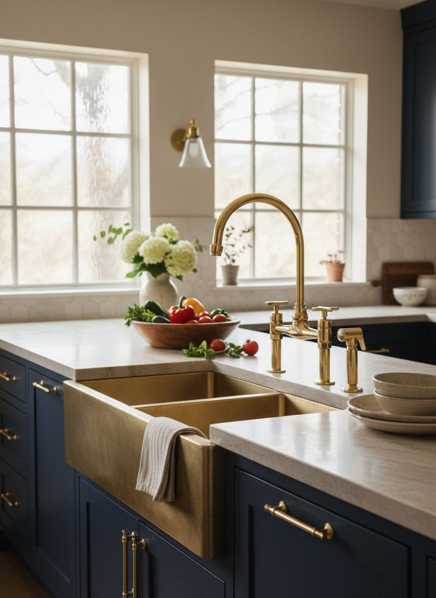 Unlacquered brass bridge kitchen faucet with side sprayer installed on a brass farmhouse sink in a navy blue kitchen.