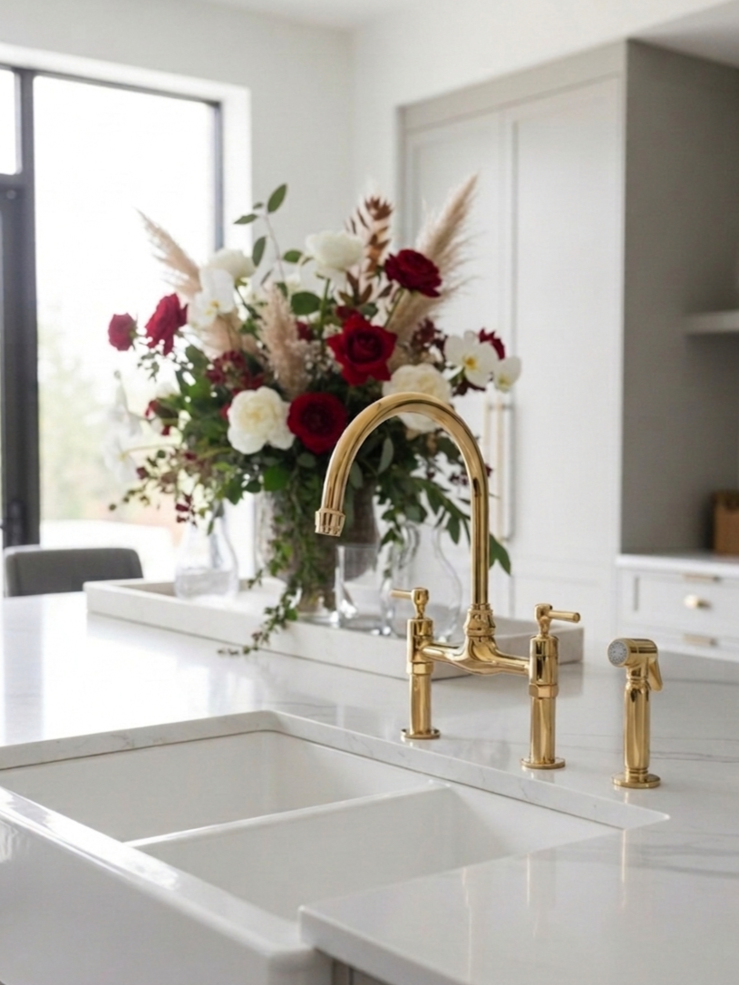 Unlacquered brass bridge kitchen faucet with side sprayer installed on a white farmhouse sink beneath a floral arrangement.