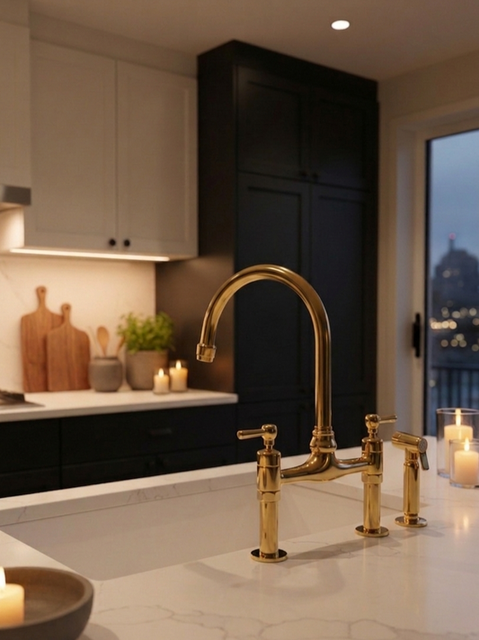 Unlacquered brass bridge kitchen faucet with side sprayer installed in a modern kitchen with ambient evening lighting and white quartz countertop.