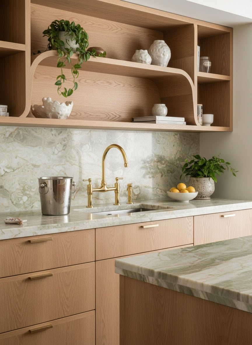 Unlacquered brass bridge kitchen faucet with side sprayer installed in a luxury kitchen with light oak cabinetry and marble backsplash.