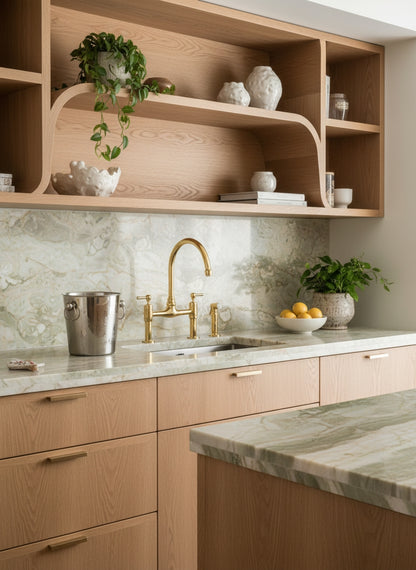 Unlacquered brass bridge kitchen faucet with side sprayer installed in a luxury kitchen with light oak cabinetry and marble backsplash.