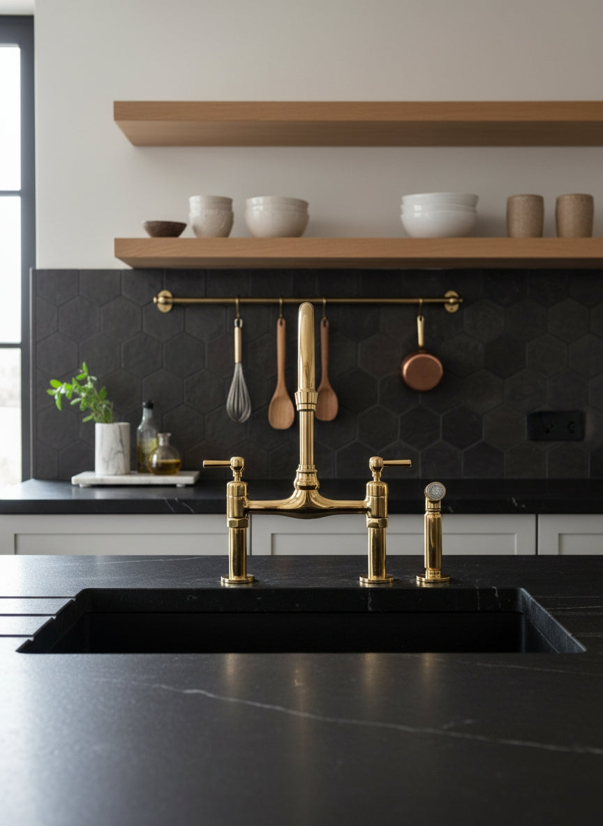 Unlacquered brass bridge kitchen faucet with side sprayer installed on a black stone countertop in a modern kitchen.