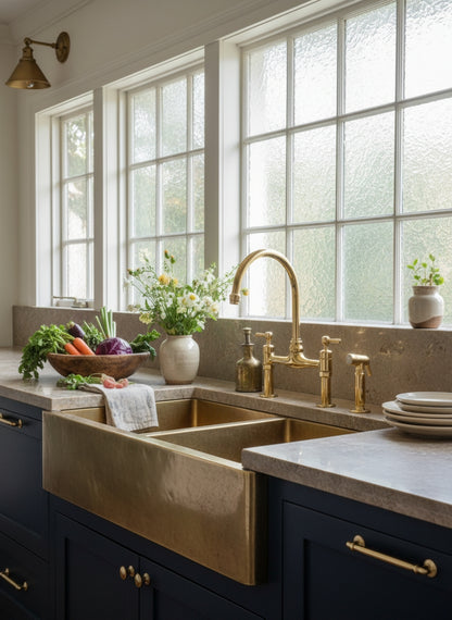 Unlacquered brass bridge kitchen faucet with side sprayer paired with a brass farmhouse sink in a bright designer kitchen.